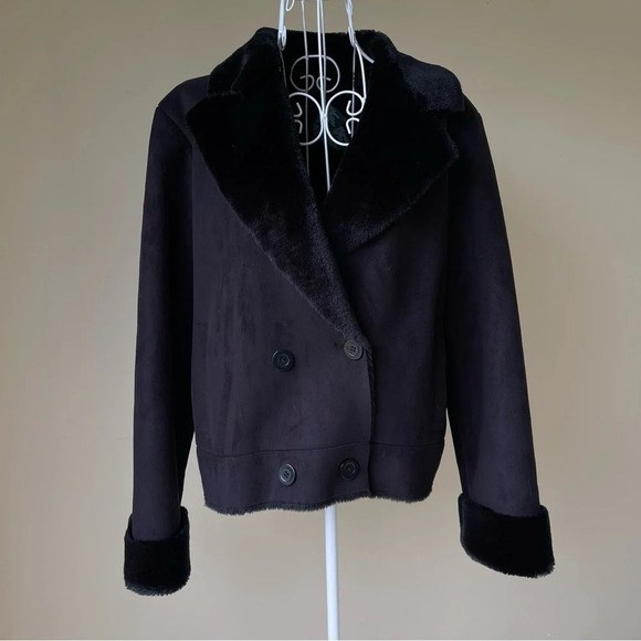 Ralph Lauren Label Black Plush Jacket faux Shearling Fur Coat Button Up size M - Picture 1 of 12